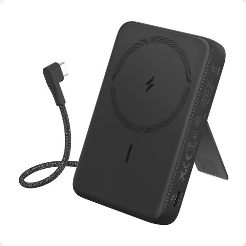 Magnetic Wireless Portable Charger, Slim Rechargeable Power Bank with Adjustable Stand and Fast Charging for Smartphones